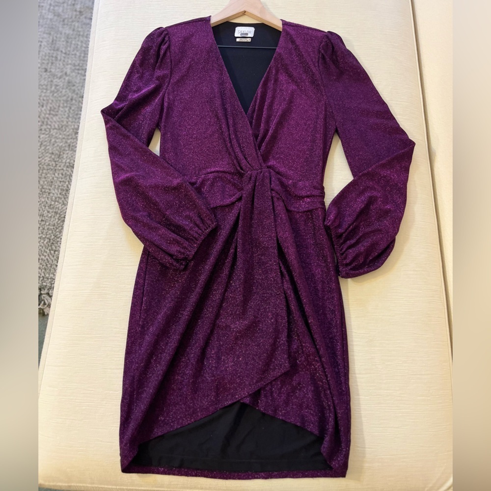Saylor Purple Shimmer Faux Wrap Dress Ruched Waist Cocktail Holiday Party Glam